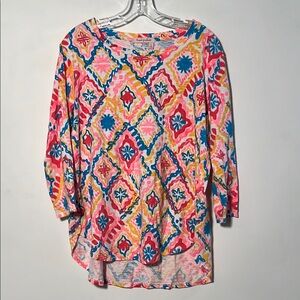 FRESH PRODUCE Marrakesh Catalina Summer 100% Cotton Multi Hi-Lo 3/4 SLV Top L